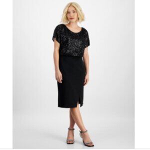 Connected Petite Sequin Boat-Neck Dolman-Sleeve Dress - Black